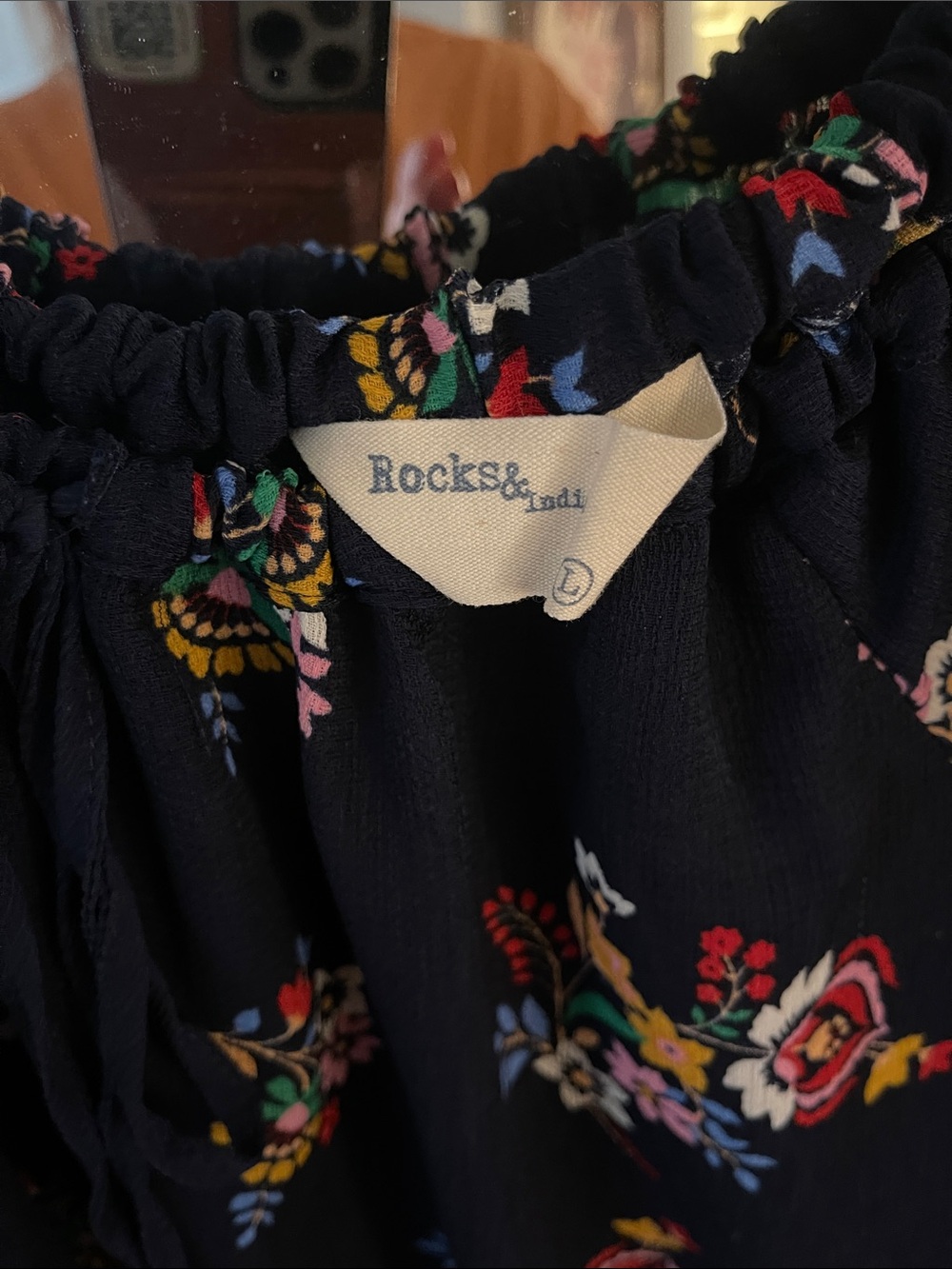 Floral Off-Shoulder Peasant Blouse in Navy and Pink - Picture 2 of 3